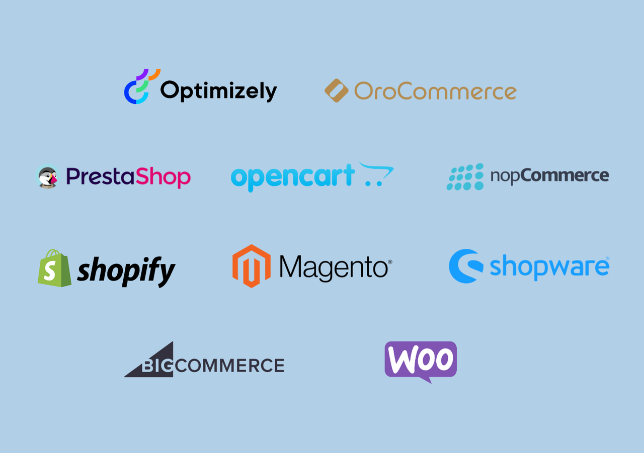 eCommerce logos - Optimizely - OroCommerce - PrestaShop - Opencart - nopCommerce - Shopify - Magento - Shopware - BigCommerce - WooCommerce