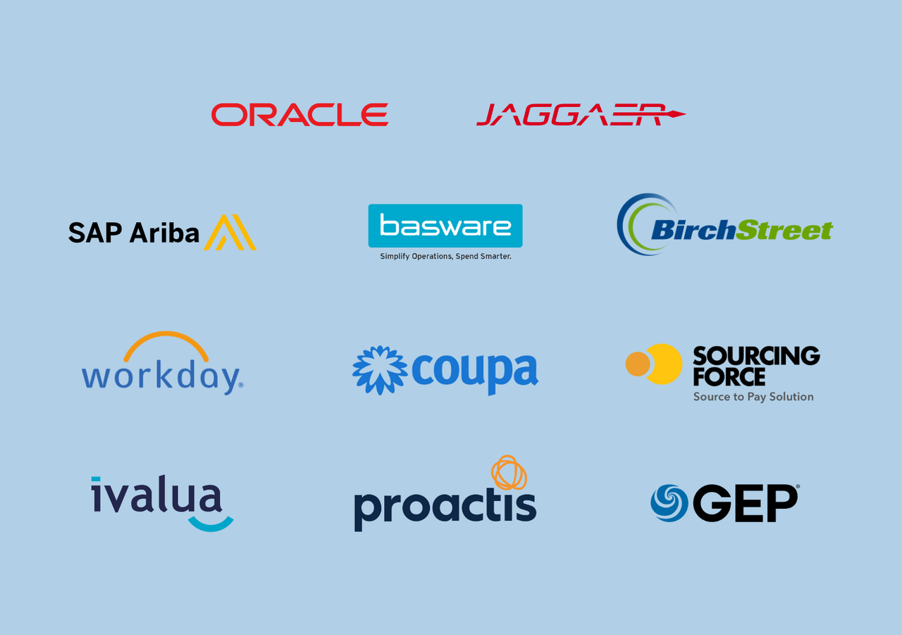eProcurement logos - Oracle - Jaggaer - SAP Ariba - Basware - BirchStreet - Workday - Coupa - SourcingForce - iValua - Practise - GEP