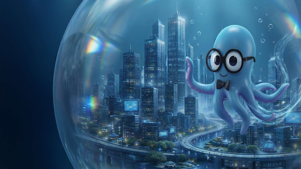 Vurbie octopus inside a giant transparent bubble — a miniature city buzzing with business life